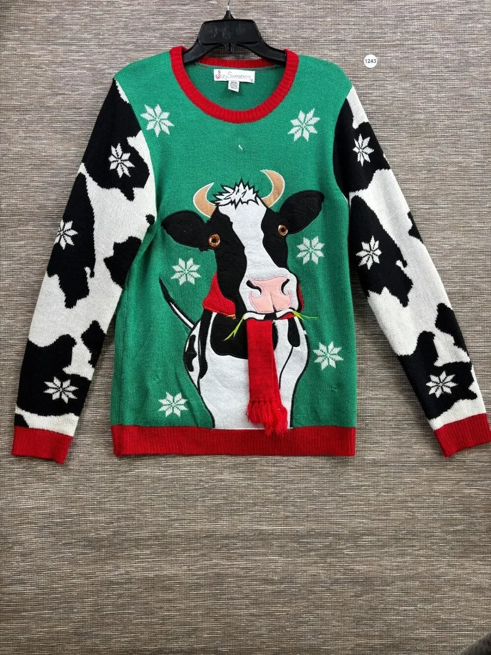 Cow Ugly Christmas Sweater Mens Size M Bell Scarf Holiday Jolly Snowflake Animal